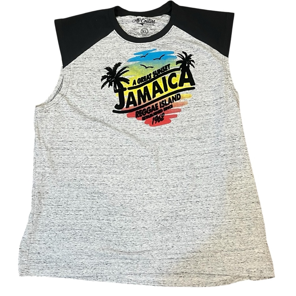 Alstyle Gray and Black Sleeveless Tee Jamaica Graphic XL